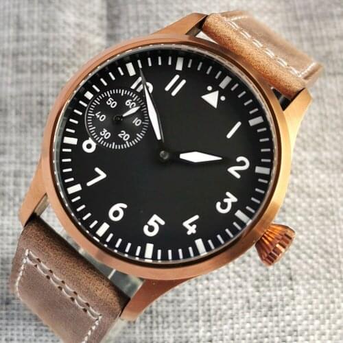 42mm Black Dial Bronze/Black Plated Mechanical Hand Winding Mens watch Sapphire Glass Manual Asia 6497 movement Leather Strap