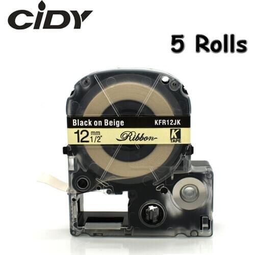 CIDY 5pcs Satin Ribbon 12mm*5m Black on Beige label tape SFR12JK Christmas Wedding Decorative Gift Wrapping Belt for LW300 LW400