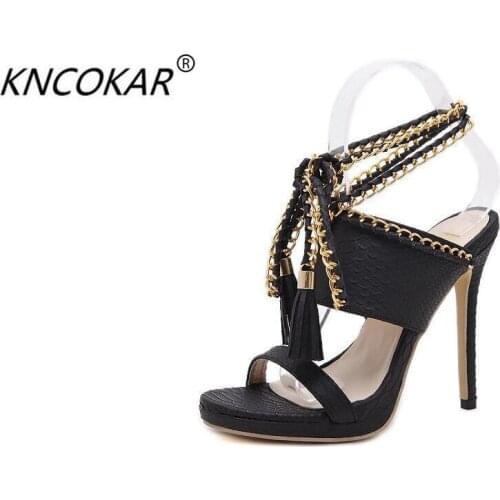 KNCOKAR Fashionable and elegant fashion queen style high - heeled lace sandals with high - heeled chain