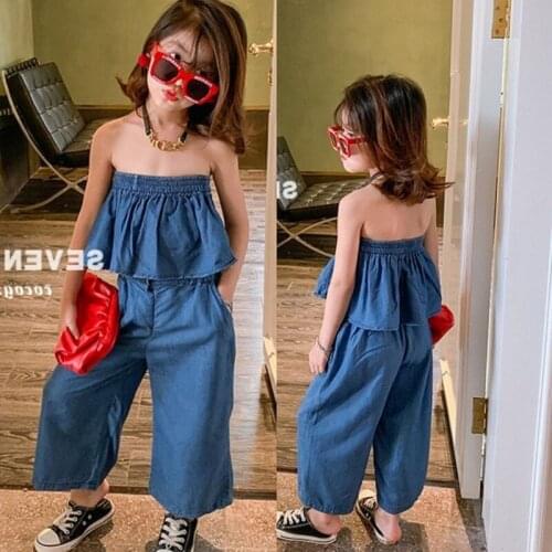 2021 new summer girls temperament and fashion solid color set childrens breast wrapped Top + wide leg pants two piece set