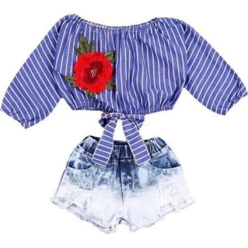 Child Baby Girls Clothing Sets Crop Tops Shirts Blouse Flower Striped Denim Short Jeans Clothing Set Girl Outfits