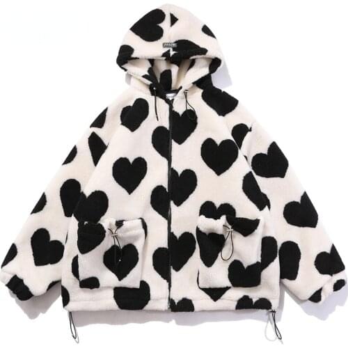 Cute Heart-shaped Print Lambswool Winter Jacket Men Women Drawstring Pockets Zipper Hooded Warm Couple Streetwear Oversize Coat