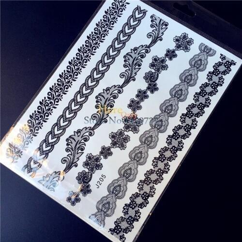 1PC Fahsion Flash Temporary Tattoo Sticker HBJ205 Black Women Henna Lace Flower Bracelet Wristband Waterproof Fake Tattoo Paster