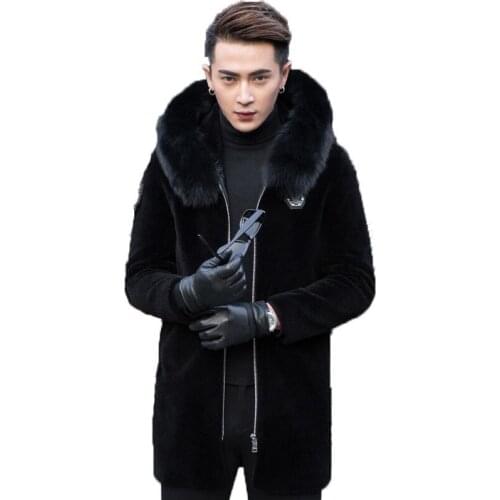 Real Sheep Shearling Fur Coat Mens Winter Jacket Real Fox Fur Collar Wool Fur Coats Hooded Jackets Manteau MG-97-006 MY1874