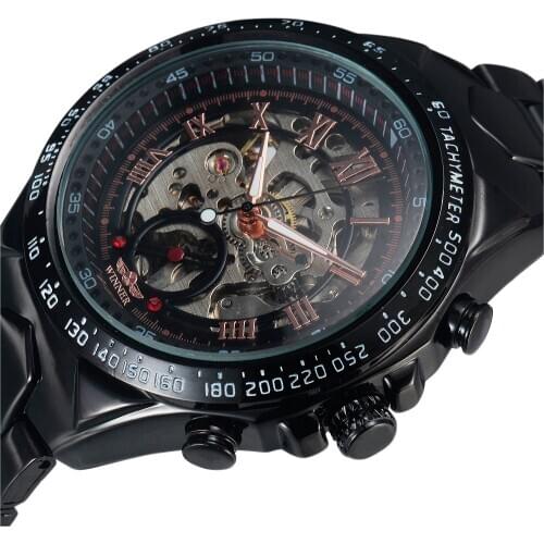 New WINNER Watch Classic Series Black Stainless Steel Mens Skeleton Wristwatch Top Brand Luxury Fashion Automatic Watches