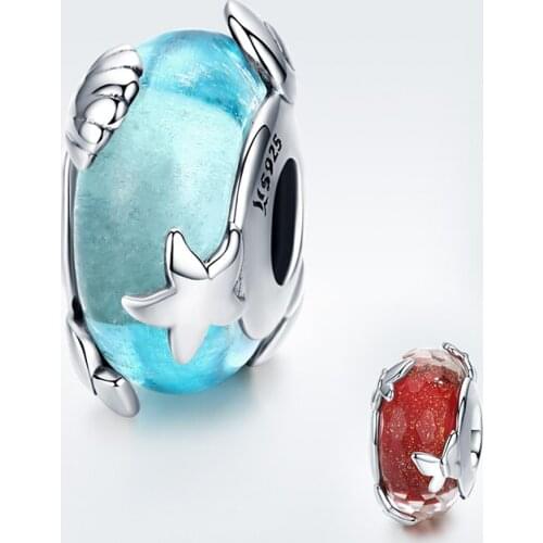 Fit Europe Bracelet Silver 925 Original Blue Seawater Starfish Glass Beads Red Star Butterfly Shell Conch Charms DIY Jewelryl
