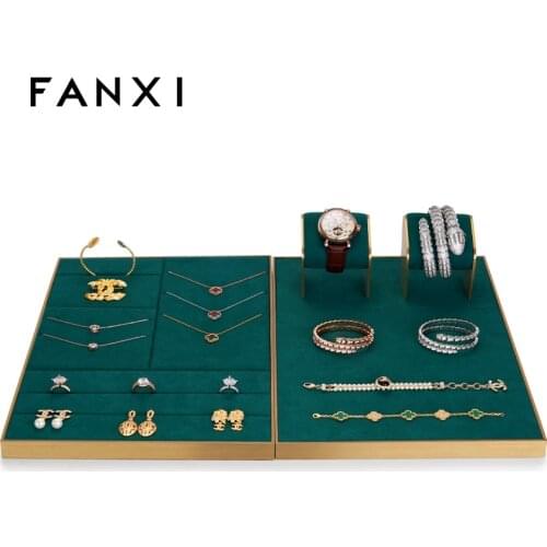 FANXI Green Metal Set Jewelry Display Props Microfiber Bangle Ring Necklace Bracelet Display Stands for Shop Cabinet