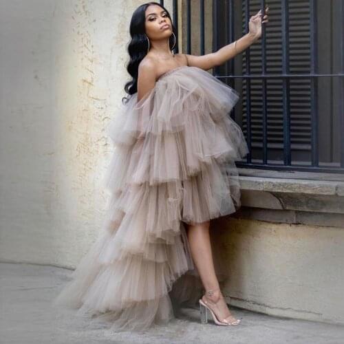 Puffy Ruffled Tiered Tulle Dress Long Floor Length Strapless Women Tutu Skirts Party Night Dresses Nude Khaki Photoshoots Dress