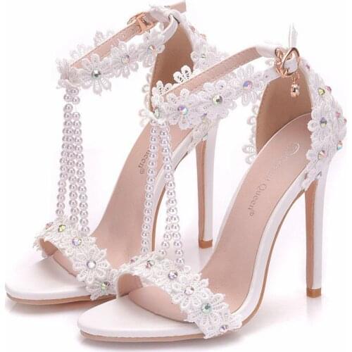 Women Sandals White Lace Flowers Pearl Tassel Bridal Super Heel Fine High Heels Slender Bridal Shoes Wedding Shoes