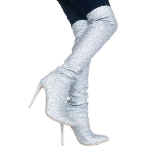 Boots 2021 New Fashion Silver Thigh Boots Sexy High Heels Knee Boots Womens Autumn And Winter Shoes Womens Boots