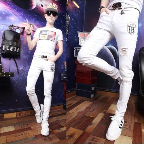 White personality fashion tight hole pants mens feet trousers pantalones hombre beggar harem pants for men pantalon homme