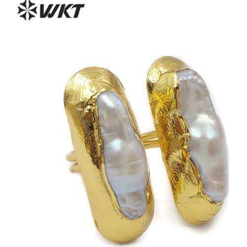 WT-R332 Freshwater Pearl Ring Double White Pearl With Gold Electroplated Ring Women Pearl Jewelry Adjustable Ring