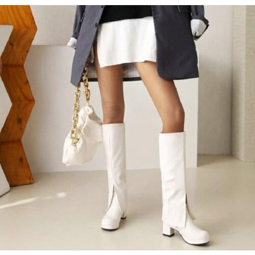 ZawsThia Platform Chunky Heels White Brown Western Cowboy Booties Winter Loose Knee High Riding Equestrian Boots Big Size 33-48