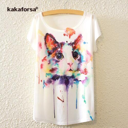 Kakaforsa Women Kawaii Fashion Summer Cute befree T-shirt Cat Print Shirt Short Sleeve O-Neck Loose harajuku Girl Tops