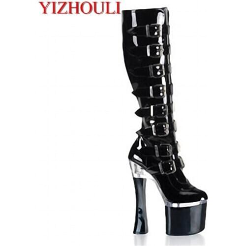 Womens shoes have 18 cm square heels, high boots, sexy zippers, buckles, high heels