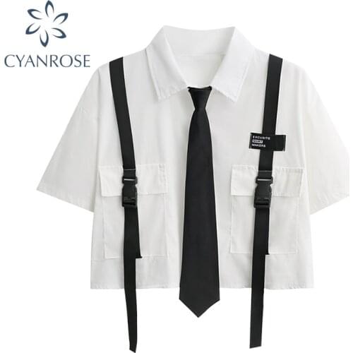 2021 Summer New Preppy Style Women Crop Shirt Tops Korean Turn Down Collar Short Sleeve Harajuku Streetwear Blouse Tops Female