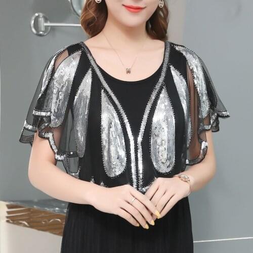 30 Colors Plus Size Summer Vintage Casual Sequined Short Sleeve Open Stitch Black Red Gold Women Ponchos And Capes