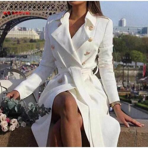 Double Breasted White Trench Coat Women Winter Vintage Jacket Slim Long Trench Female Lapel Solid Office Ladies Trench Dress OL
