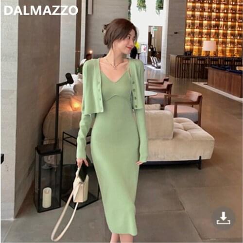 2021 Newest Autumn Winter Women Knit Suits V Neck Long Sleeve Cardigan Short Coat + Spaghetti Starp Long Dress 2 Pieces Sets