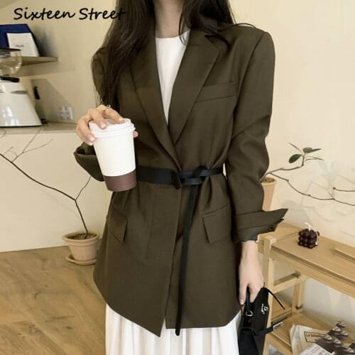Crop Long Blazer Women Autumn Winter Ladies Tops Jackets Office Lady Korean Fashion Notched Neck Loose Solid Long Sleeve Belt