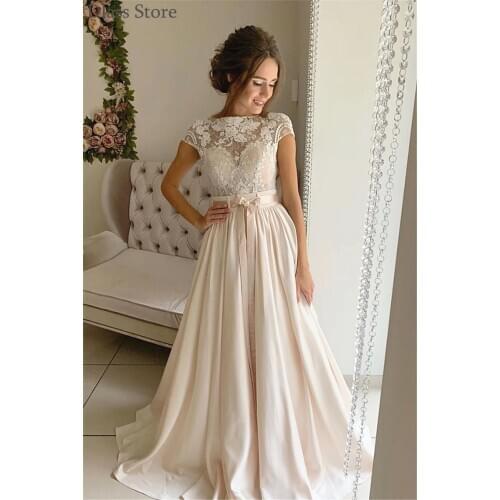 Light Champagne Prom Dress Short Sleeves Laces One-neck A-line Satin Sweep Train Illusion Buttons Back Evening Dress vestidos