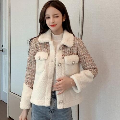 Female coat winter 2021 Lambswool Stitching Tweed Short Jacket Female New Lapel Long Sleeve Women Warm Coat Fashion Tide
