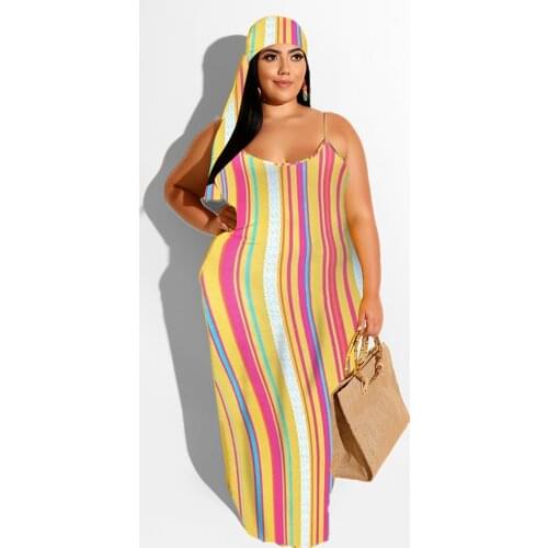 CM.YAYA Women Plus Size XL-4XL Striped Leaf Print Spaghetti Strap Loose Maxi Dress Beach Sexy Party Floor Length Long Dresses
