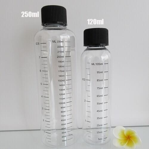 10pcs120ML 250ML Plastic Refillable Bottle PET transparent Liquid Bottle with Graduation, Scale Water Bottle with Childproof Cap