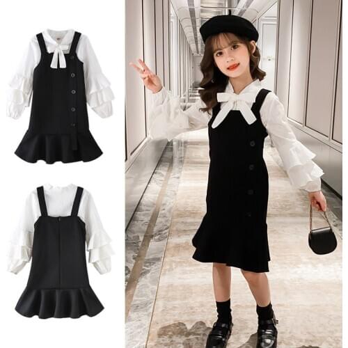Teenage Clothes White Bowtie Shirt+Jumpsuit Ruffle Dress 2Pcs Kids Clothes Fly Sleeve Suit For Girls Spring Casual Girls Clothes