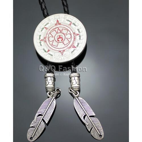 Aztec Mayan Silver Plated Calendar Leather Western Feather Bolo Bola Tie Necktie Gift Jewelry New Necklace
