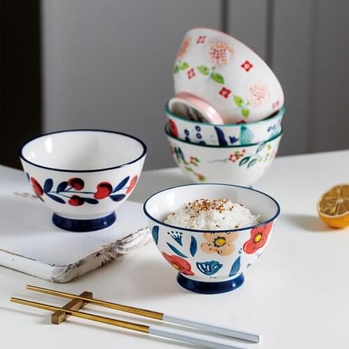 Modern housewife Japanese hat bowl hand painted ceramic household rice bowl single tableware creative eating high foot bowl