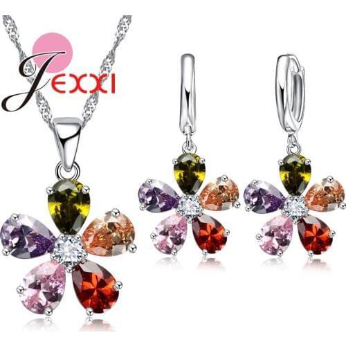 5 Colors Charm Jasmine Flowers With Beautiful Color Cubic Zirconia Crystal 925 Sterling Silver Fashion Jewelry Set Hot