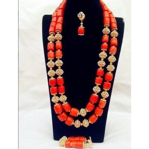 Coral Necklace Earrings Nigerian Wedding African Coral Beads Jewelry Set for Women Bridal Statement Jewelry Free Shipping ABH455