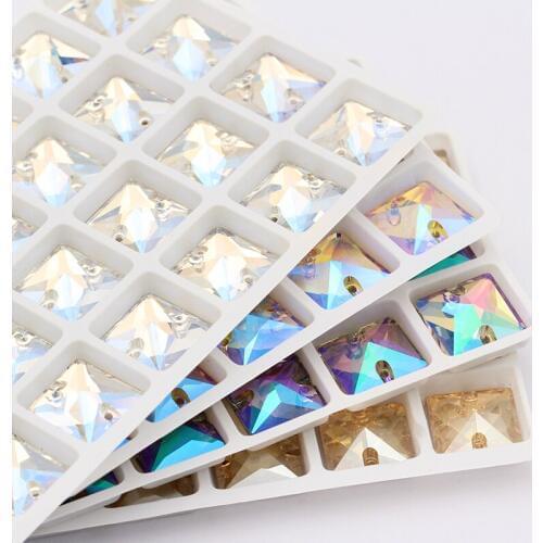 Square Sew on Rhinestones Iridescent Colorful K9 Glass Flat Back Buttons Strass Crystal Rhinestones Sew on Clothes Dresses Bags