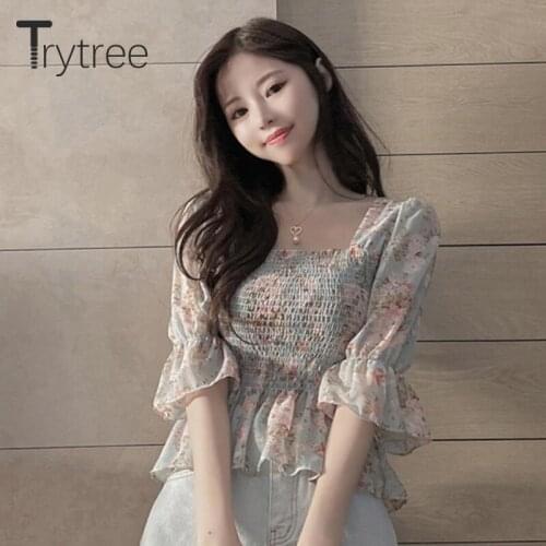 Trytree 2021 Summer Women Blouse Casual Elastic Bust Floral Shirts Square Collar Flare Sleeve Ruffled Hem Sweet Tops For Women