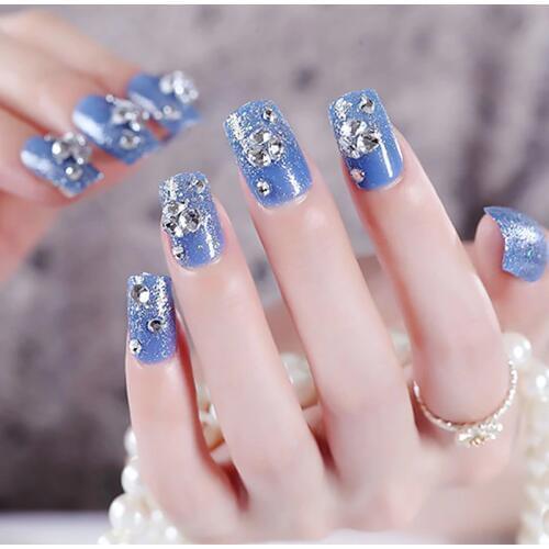 24pcs New Fashion Shining Rhinestone Fake Nails Patterns Press On Nail Art Tips with Glue DIY Blue Color Acrylic False Nails