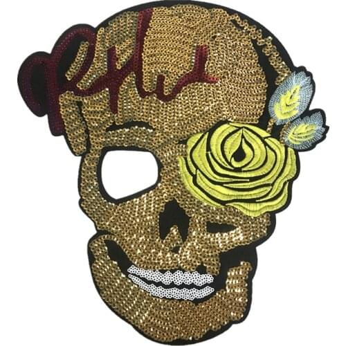 Large size Skull With Rose Sequins Sew On Patch DIY Embroidered Applique Bling Skull Rose for Decoration Clothing Accessory