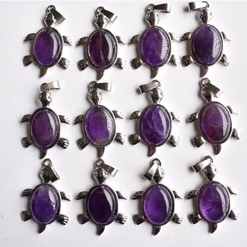 Wholesale 12pcs/lot good quality natural amethysts alloy turtle shape pendants for necklace jewelry making free shipping