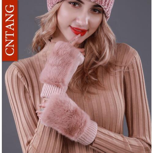 CNTANG Autumn Winter Knitted Wool Fingerless Gloves Women Cute Real Rabbit Fur Mittens Female Fashion Warm Gloves For Ladies