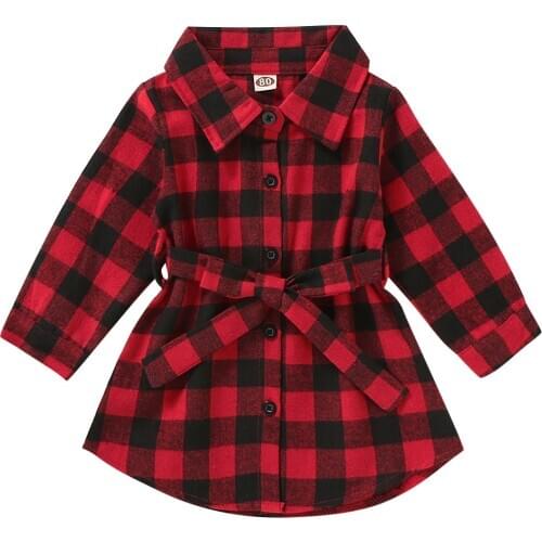 Lioraitiin 1-5Years Toddler Baby Girl Autumn Dress Red Plaid Cotton Trun-down Collar Long Sleeve Dress Fall Clothing