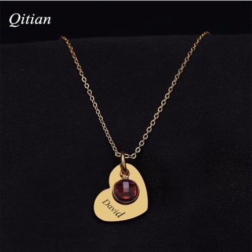 Customized Hand Stamped Stainless Steel Heart and Crystal Birthstone Necklace- Valentines Day Gift , Childrens Name Necklace