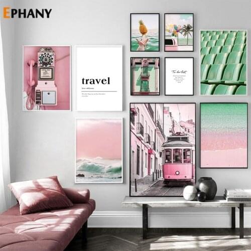 Pink Ocean Beach Canvas Poster Nordic Nature Seascape Wall Art Positive Quote Print Painting Scandinavian Living Room Picture
