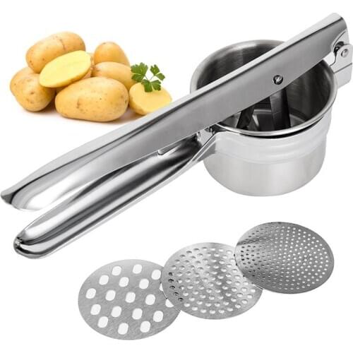 Stainless Steel Potato Ricer Garlic Presser With 3 Interchangeable Disks Fruit Masher Food Press Potato Masher Kitchen Gadget