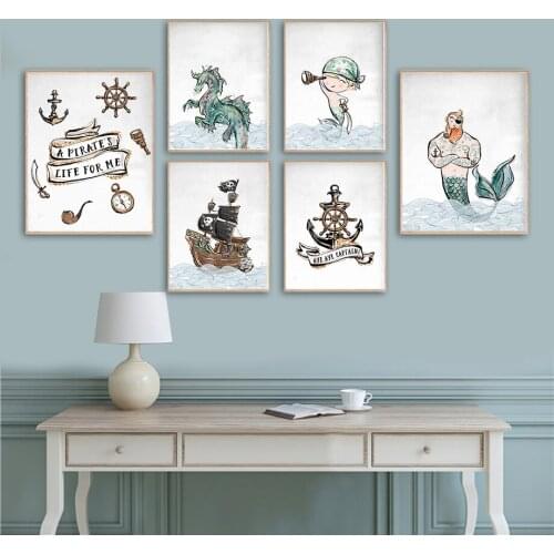 Mermaid Pirate Ship Dragon Anchor Telescope Wall Art Canvas Painting Nordic Posters And Prints Wall Pictures Kids Room Decor