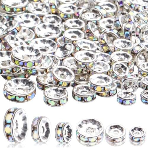 300 Piece 6/8/10mm Rhinestone Rondelles Crystal Spacer Bead Silver Plated Mixed Loose Beads for Bracelet Necklace Jewelry Making