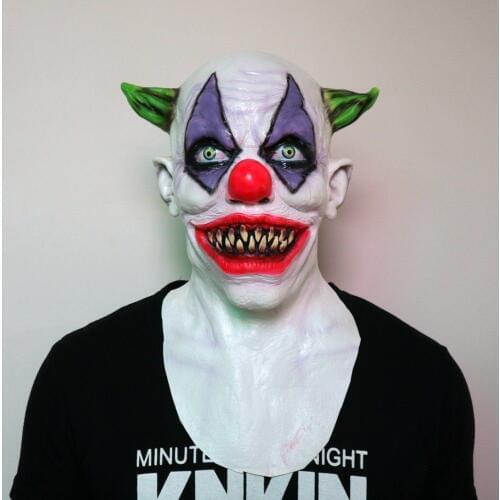 Creepy Evil Scary Halloween Clown Mask Rubber Latex Green Horned Joker Clown Funny Party Cosplay Props