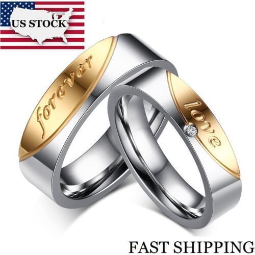 US STOCK Uloveido 2 Rings for Women Jewelry Forever Love Steel Ring Men Cubic Zirconia Wedding Anniversary Rings CR058
