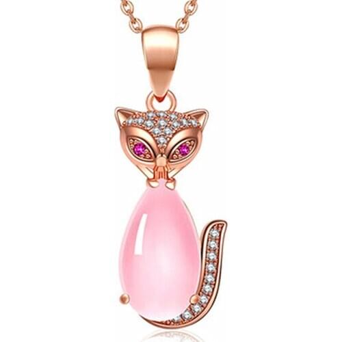 FYJS Unique Jewelry Rose Gold Color Lovely Fox Pink Quartz Pendant For Elegant Women Animal Necklace