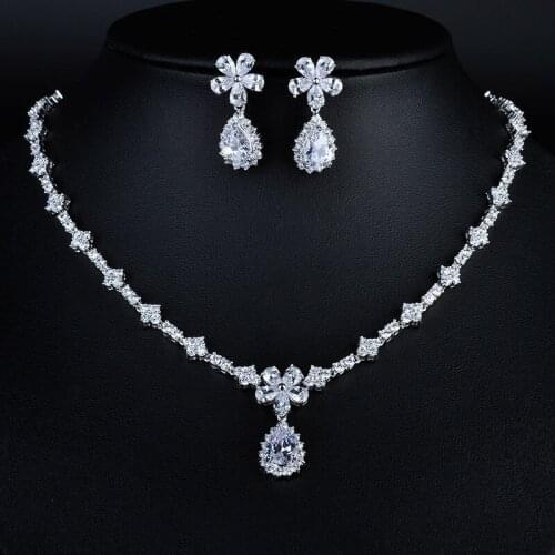 YAN MEI AAA CZ Drop Necklace Earring white gold Color Jewelry Set For Wedding Bridal GLDTN0103