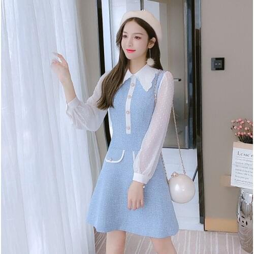 2021 New Women Sweet Dress Autumn Winter Chiffon Patchwork Woolen Tweed Dress Vestidos